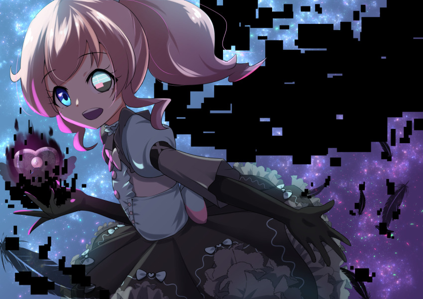 1girl, :d, aqua_eyes, black_dress, black_skin, blue_corset, blue_eyes, bow, bowtie, bug_mirai, choker, colored_skin, commentary_request, corset, dark_persona, dress, dress_bow, feathers, frilled_choker, frilled_dress, frilled_sleeves, frills, from_side, glitch, grey_bow, grey_bowtie, grey_eyes, heart, heterochromia, high_ponytail, juliet_sleeves, kiratto_pri_chan, long_sleeves, looking_at_viewer, looking_to_the_side, mag_(magbp2119), momoyama_mirai, multicolored_dress, multicolored_eyes, multicolored_skin, open_mouth, pink_hair, pixelated, ponytail, pretty_series, puffy_sleeves, purple_eyes, round_teeth, sidelocks, single_empty_eye, smile, solo, space, star_(sky), teeth, upper_body, upper_teeth_only, winged_heart, wings