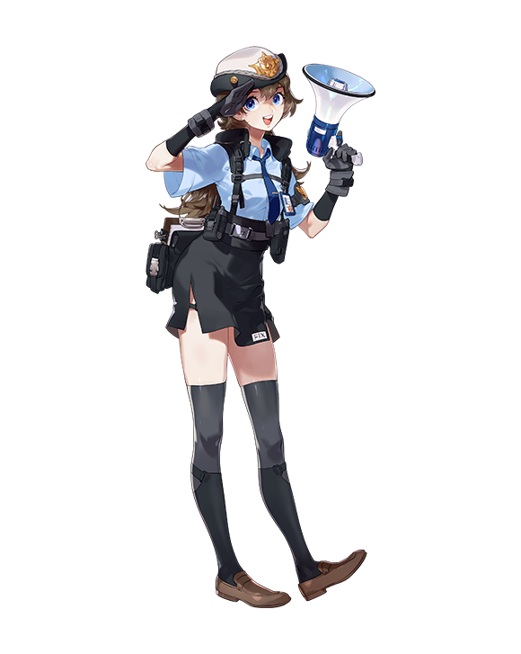1girl, belt, black_belt, black_gloves, black_legwear, blue_eyes, blue_necktie, blue_shirt, brown_hair, brown_shoes, collared_shirt, elbow_gloves, female_focus, full_body, gloves, hat, holding, holding_megaphone, lillian_(smc), long_hair, looking_at_viewer, megaphone, necktie, official_art, open_mouth, police, police_hat, police_uniform, policewoman, salute, shirt, shirt_tucked_in, shoes, simple_background, smile, solo, super_mecha_champions, transparent_background, very_long_hair, white_hat