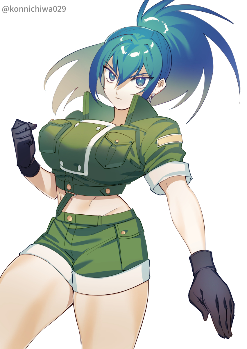 1girl, abs, absurdres, black_gloves, blue_eyes, blue_hair, clenched_hand, earrings