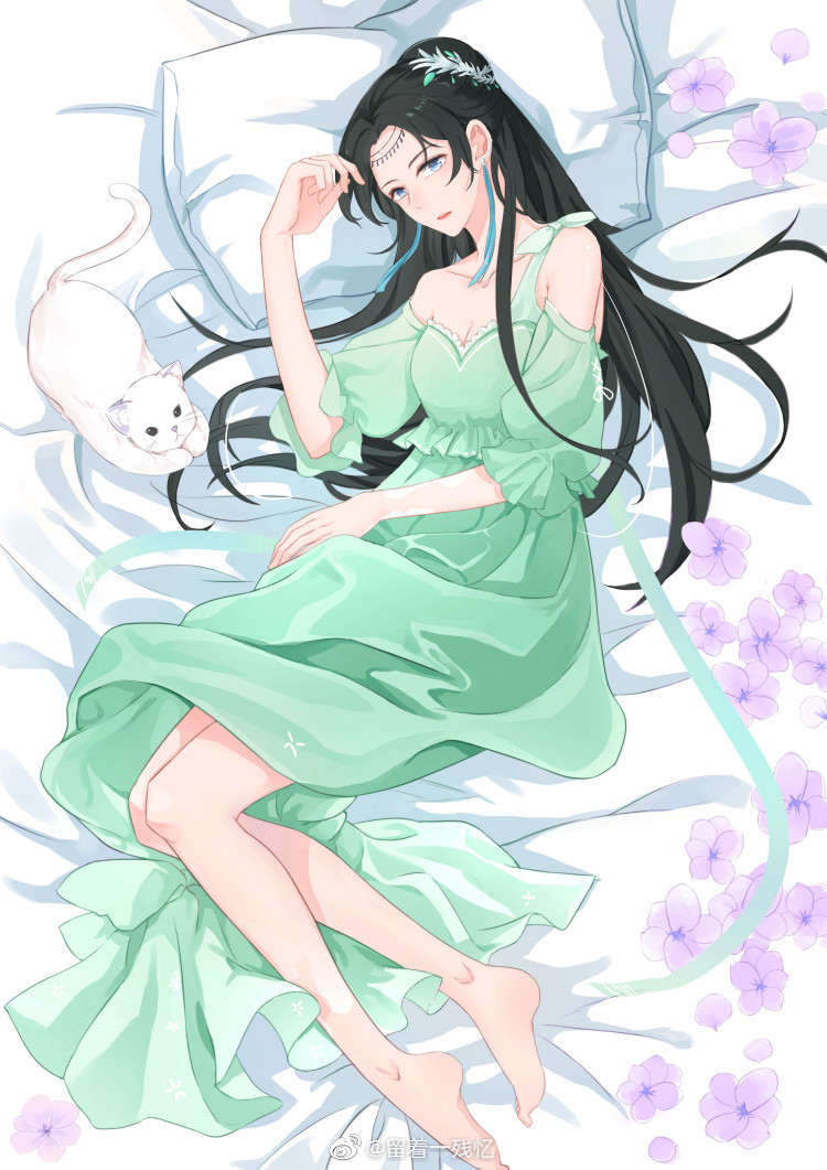 1girl, bed, black_hair, cat, doupo_cangqiong, dress, earrings, flower