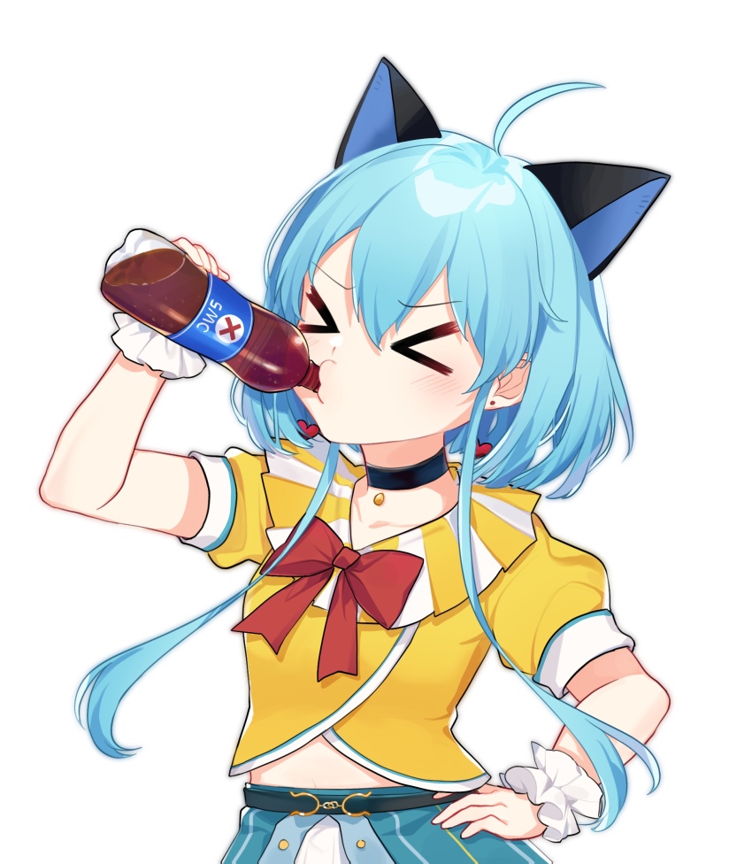 >_<, 1girl, absurdres, animal_ears, black_choker, blue_hair, bottle, cat_ears