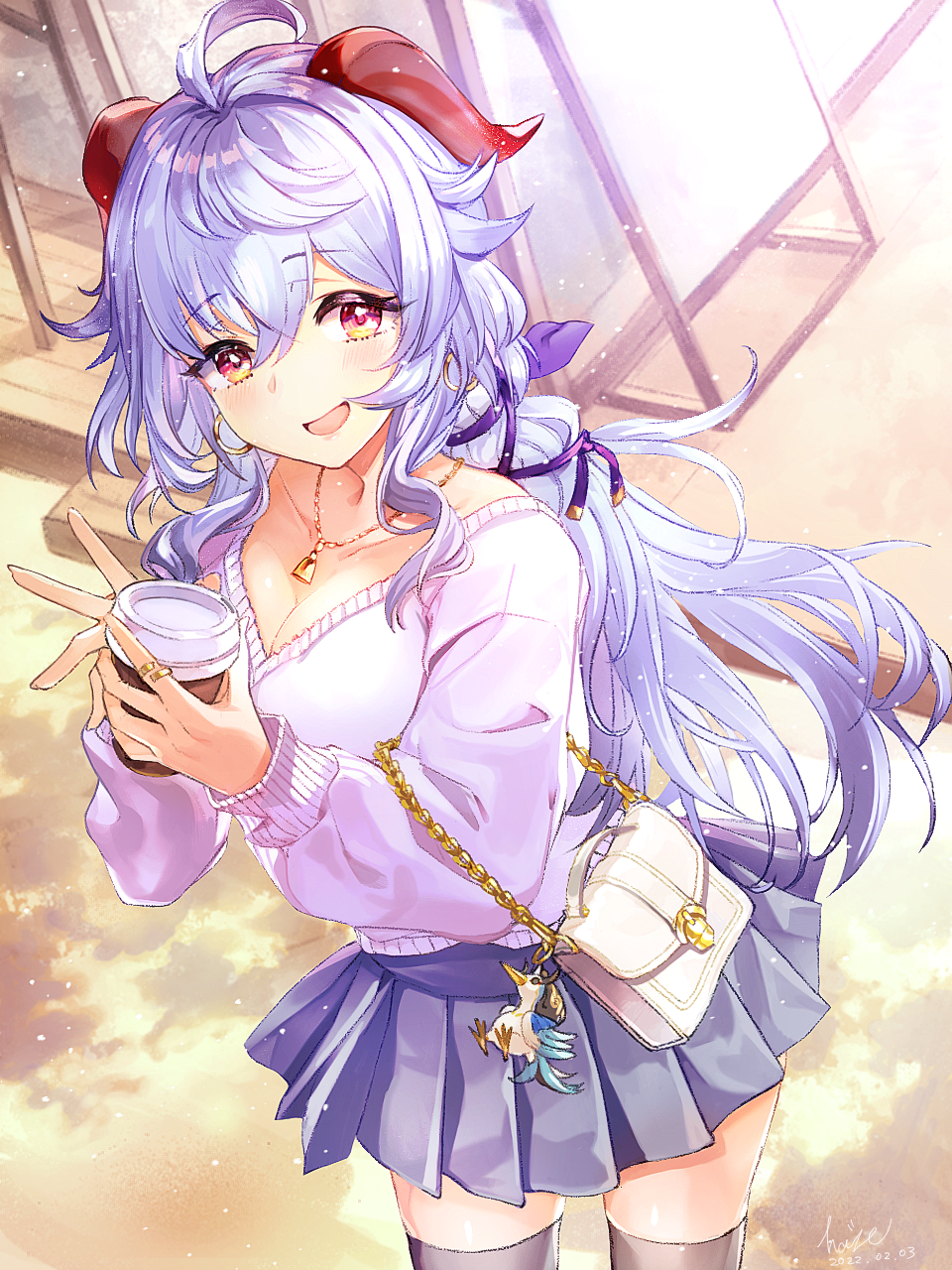 1girl, ahoge, bag, bell, blush, breasts, casual, charm_(object)