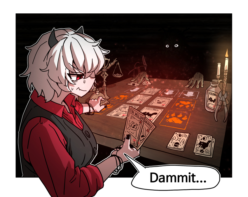 1boy, 1girl, balance_scale, bell, black_vest, bottle, brown_bear, candle, candlelight, card, crossover, deck, deck_of_cards, demon_girl, demon_horns, english_text, ermine, eyebrows, eyes_in_shadow, gggoturi, helltaker, highres, horns, impending_doom, inscryption, leshy, malina_(helltaker), outside_border, paw_print, playing_card_game, playing_games, pliers, profanity, shaded_face, shadow, sitting, table, vest, wavy_mouth, weasel, weighing_scale, wolf