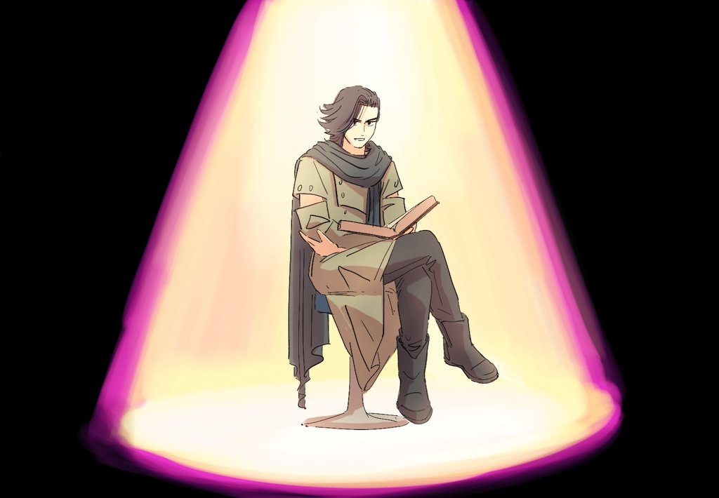 1boy, black_hair, black_scarf, book, boots, coat, crossed_legs, g_gundam, gundam, kamen_rider, kamen_rider_zi-o_(series), long_coat, male_focus, ouma_advent_calendar, parody, scarf, sitting, spotlight, stool, trench_coat, woz_(kamen_rider_zi-o), y_a_m_a_y_a