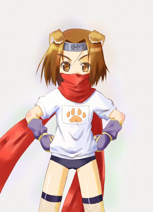 animal_ears, aq_interactive, arcana_heart, atlus, brown_eyes, brown_hair, buruma, dog_ears, examu, gloves, gym_uniform, headband, konoha_(arcana_heart), mask, ninja, scarf, solo, tasuke_seinyuu