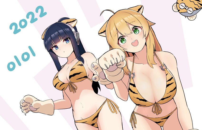 2022, 2girls, absurdres, ahoge, animal_ears, animal_hands, animal_print, bikini