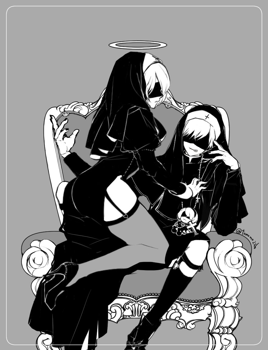 1boy, 1girl, 2b_(nier:automata), 9s_(nier:automata), blindfold, chair, garter_straps, grey_background, greyscale, habit, halo, hetero, high_heels, monochrome, nail_polish, nier:automata, nier_(series), nun, nun_headdress, pantyhose, rosary, short_hair, tomo_(552252), tongue, tongue_out, white_hair