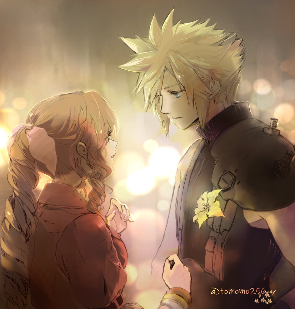 1boy, 1girl, aerith_gainsborough, armor, belt, blonde_hair, blue_eyes, bracelet