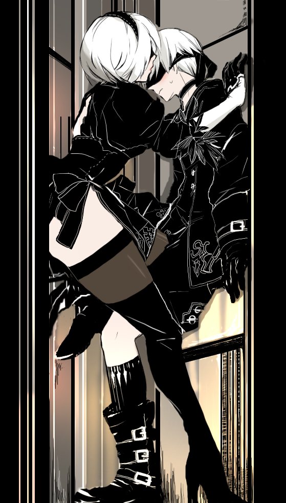 blindfold, boots, choker, gloves, hairband, high_heels, jacket, leather, leather_boots, leather_jacket, nier_(series), nier:automata, pantyhose, short_hair, sweatdrop, thighs, tomo_(552252), white_hair, 2b_(nier:automata), 9s_(nier:automata)