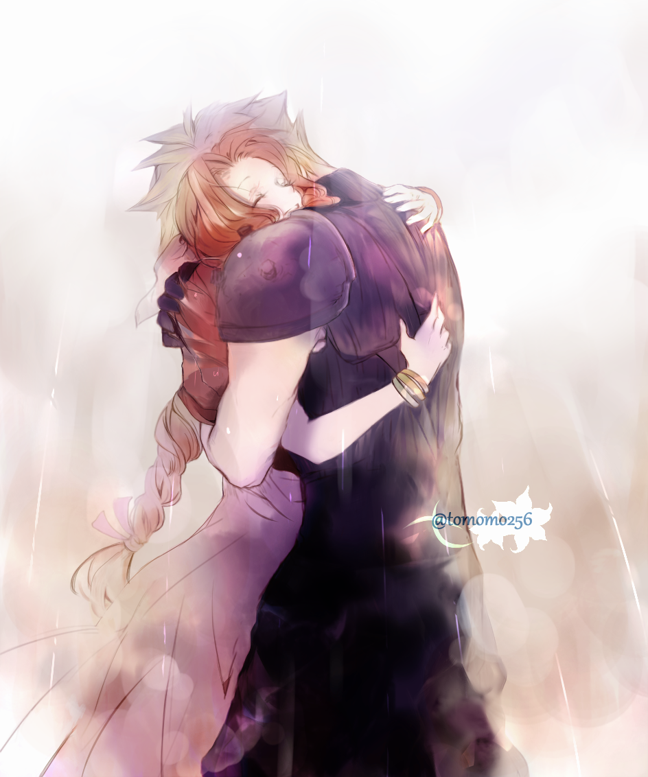 1boy, 1girl, aerith_gainsborough, armor, blonde_hair, bracelet, braid, brown_hair