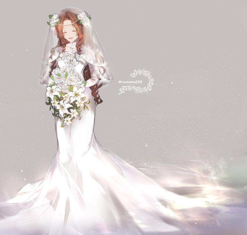 1girl, aerith_gainsborough, bouquet, bridal_bouquet, bridal_veil, bride, brown_hair, dress