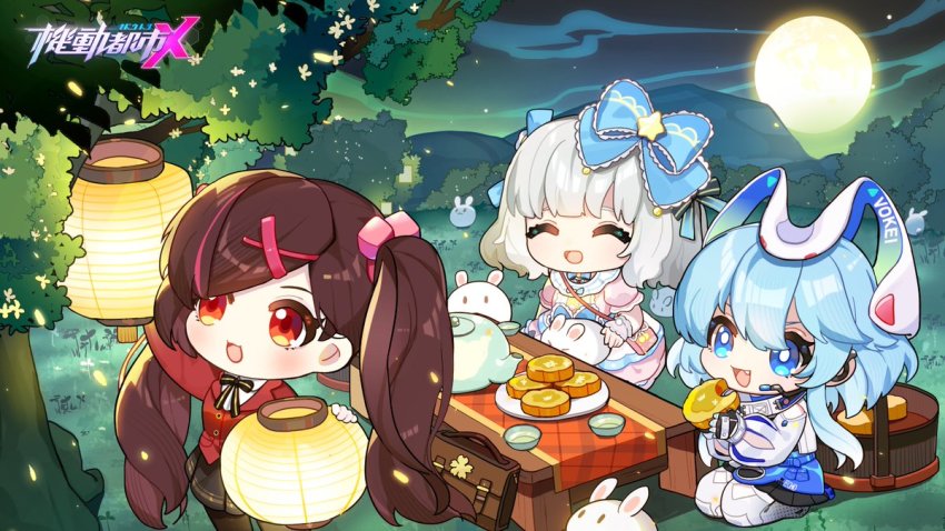 3girls, ^_^, black_legwear, black_skirt, blazer, blue_bow, bow, brown_hair