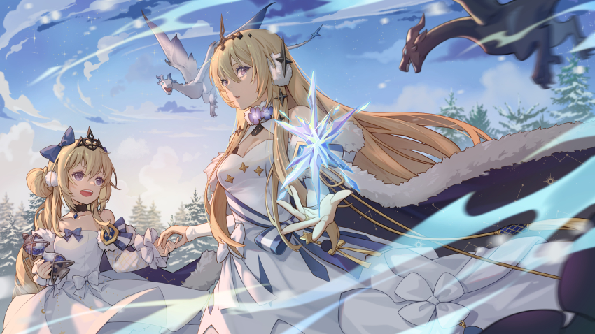 2girls, alchemy_stars, bare_shoulders, bethlehem_(alchemy_stars), blonde_hair, blue_bow, bow, breasts
