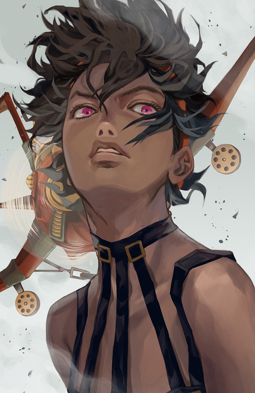 1boy, aerosmith_(stand), aircraft, airplane, bare_shoulders, black_hair, floating_hair, headband, highres, jojo_no_kimyou_na_bouken, male_focus, narancia_ghirga, pink_eyes, purple_eyes, snr_snr, solo, stand_(jojo), vento_aureo