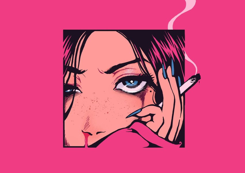 1girl, black_hair, blood, blue_eyes, blue_nails, border, cigarette, freckles