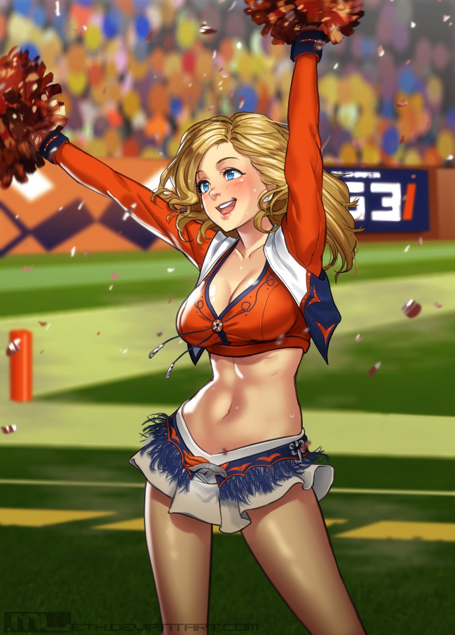1girl, arms_up, blonde_hair, blue_eyes, blurry, blurry_background, blush, breasts, cheering, cheerleader, cleavage, confetti, cowboy_shot, denver_broncos, highres, long_hair, long_sleeves, medium_breasts, midriff, mleth, national_football_league, navel, open_mouth, original, pom_pom_(cheerleading), shadow, smile, solo
