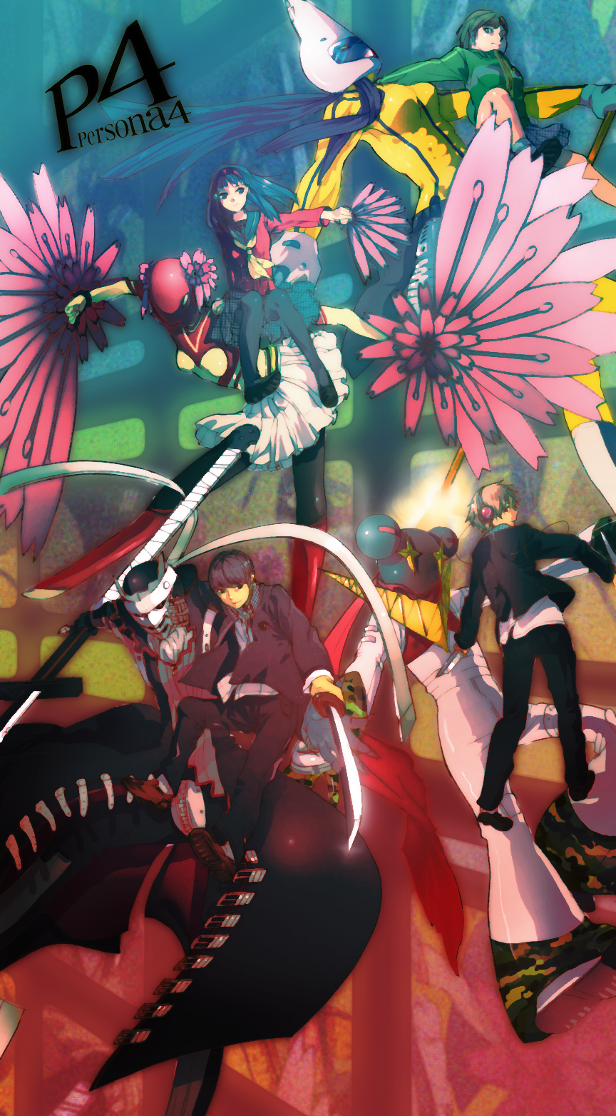 2boys, 2girls, amagi_yukiko, atlus, bad_id, bad_pixiv_id, black_hair, brown_hair