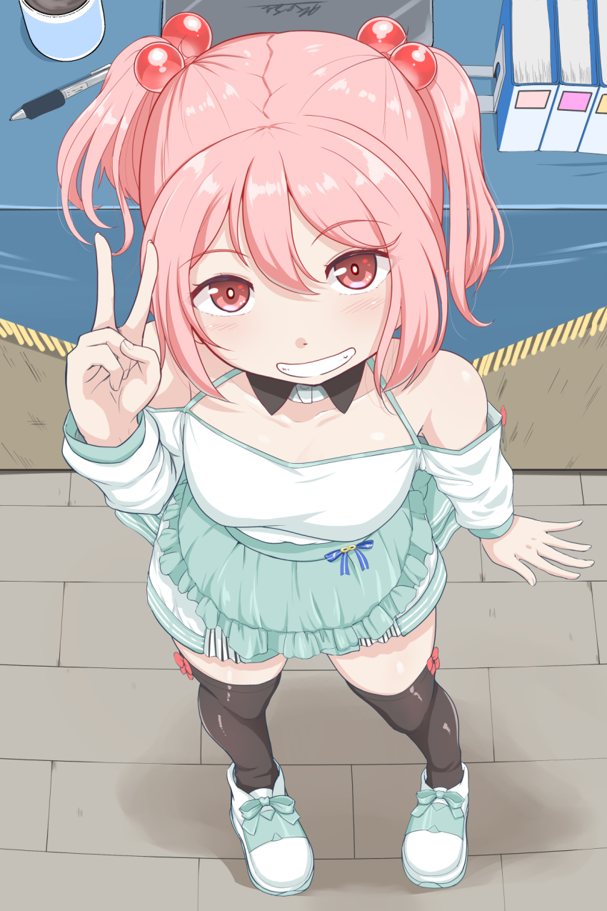 1girl, apron, black_thighhighs, breasts, from_above, green_apron, hair_bobbles, hair_ornament, highres, kantai_collection, long_sleeves, mimofu_(fullhighkick), official_alternate_costume, pink_eyes, pink_hair, sazanami_(8th_anniversary)_(kancolle), sazanami_(kancolle), short_hair, small_breasts, solo, speech_bubble, thighhighs, thought_bubble, twintails, waist_apron