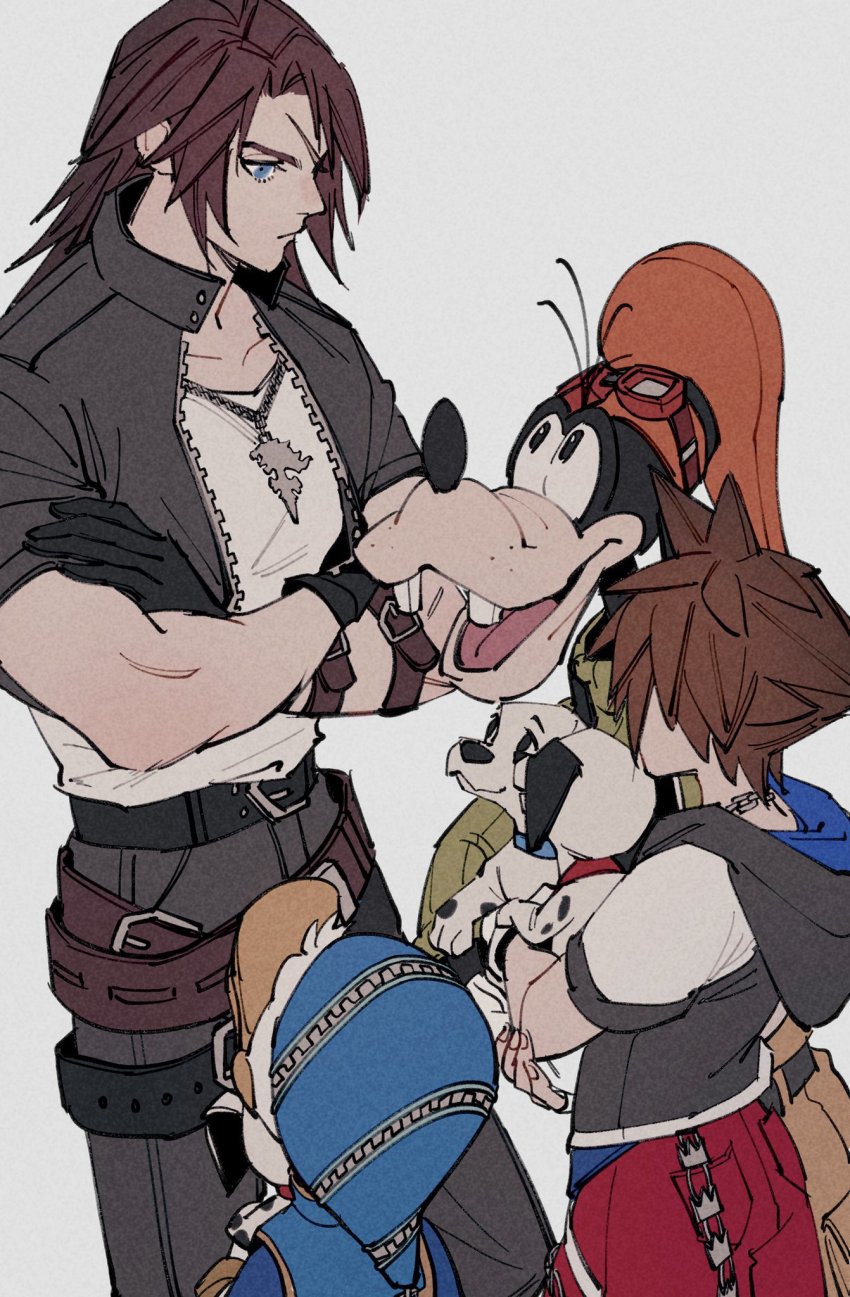2boys, animal, belt, blue_eyes, blue_headwear, brown_hair, chain, chain_necklace, crossed_arms, dalmatian, disney, dog, donald_duck, final_fantasy, final_fantasy_viii, goofy, highres, holding, holding_animal, holding_dog, jacket, jewelry, kingdom_hearts, leather, leather_jacket, leon_(kingdom_hearts), medium_hair, mickey_mouse_&amp;_friends, multiple_boys, necklace, oimo_(oimkimn), scar, scar_on_face, shirt, sora_(kingdom_hearts), spiked_hair, squall_leonhart, square_enix, white_background, white_shirt