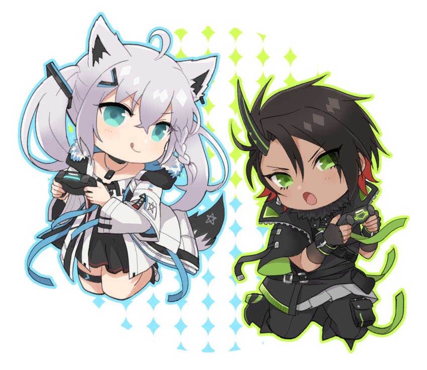 1boy, 1girl, ahoge, animal_ears, aragami_oga, black_dress, black_gloves, black_hair