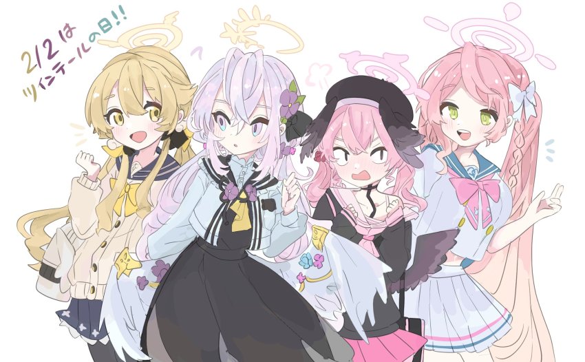 4girls, alternate_hairstyle, angel_wings, angry, azusa_(blue_archive), beret, black_cardigan, black_dress