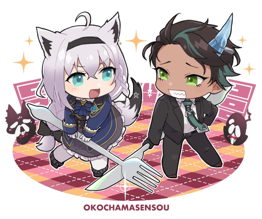 1boy, 1girl, animal_ears, aragami_oga, ascot, black_gloves, black_hair, black_jacket