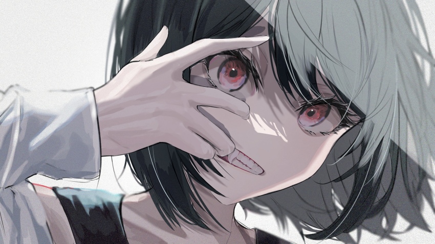 1girl, absurdres, black_hair, close-up, dark_green_hair, fang, finger_in_own_mouth, highres