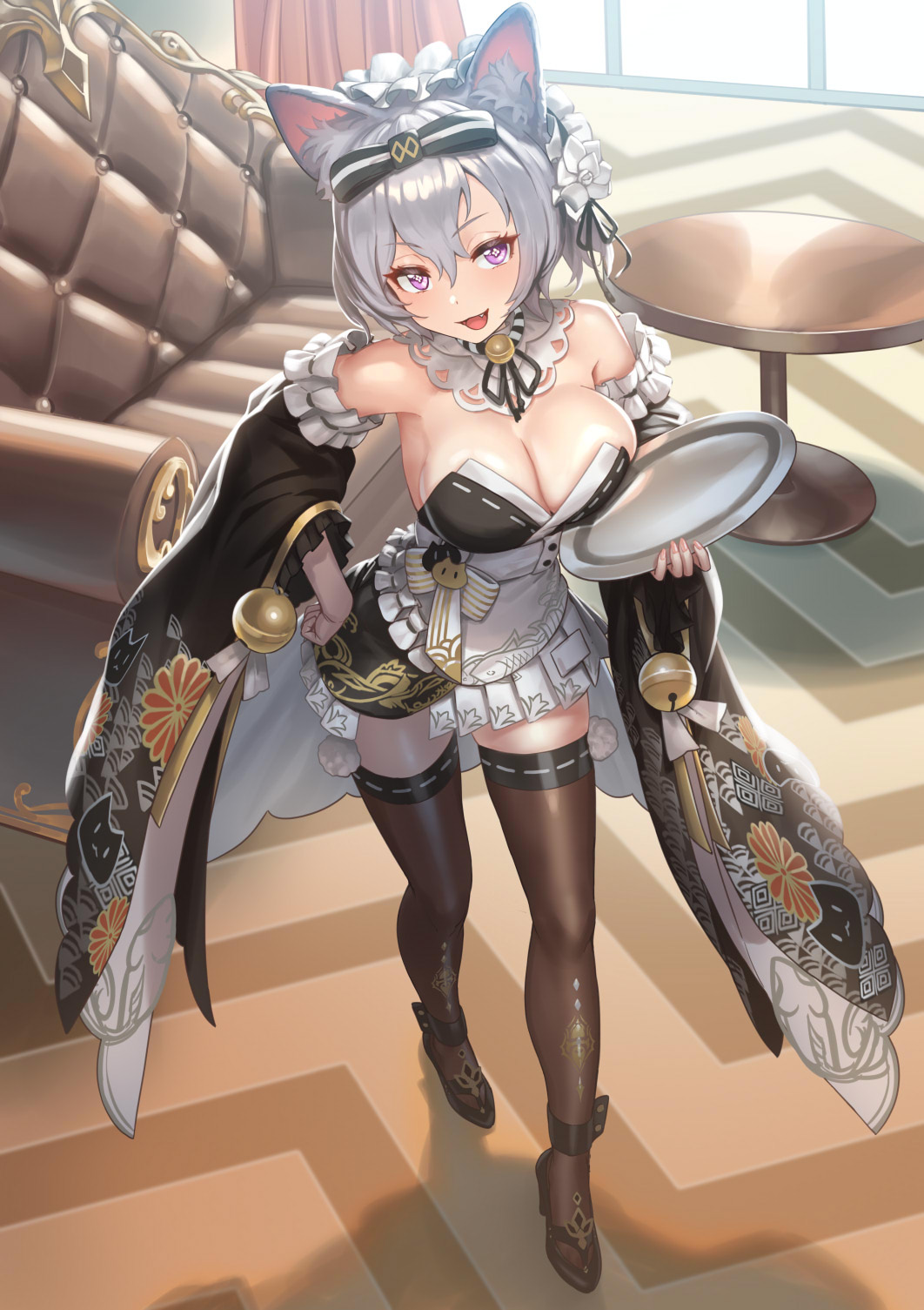 1girl, alternate_costume, animal_ears, bell, black_bow, black_dress, black_footwear, black_sleeves