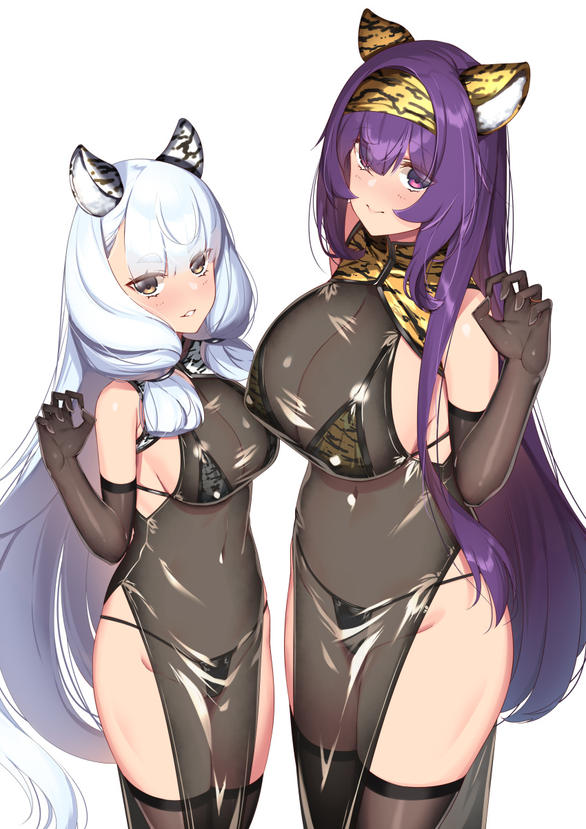 2girls, absurdres, alternate_costume, animal_ears, animal_print, bikini, black_dress, black_gloves