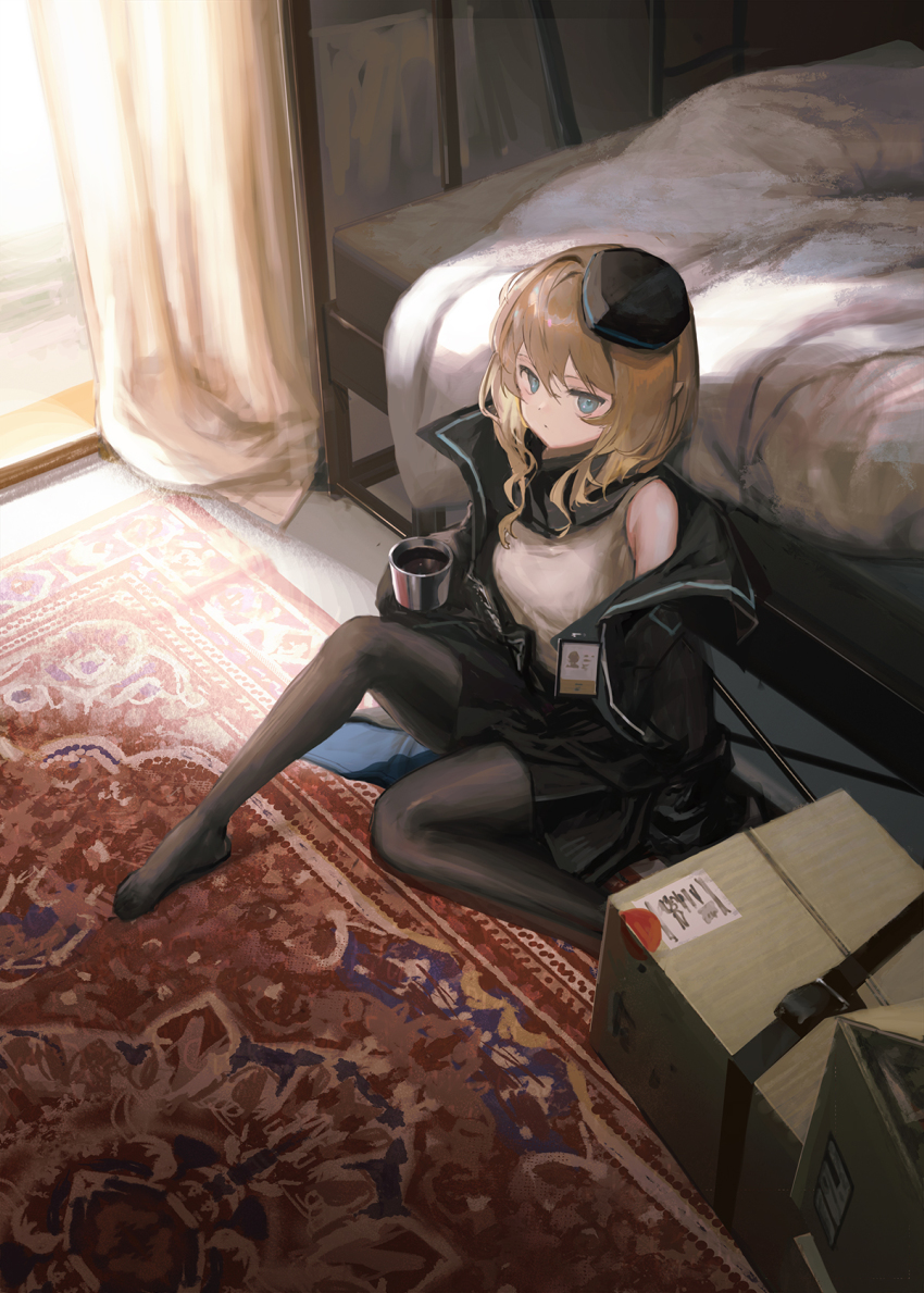 1girl, arknights, bare_shoulders, bed, black_coat, black_headwear, black_pantyhose, black_scarf