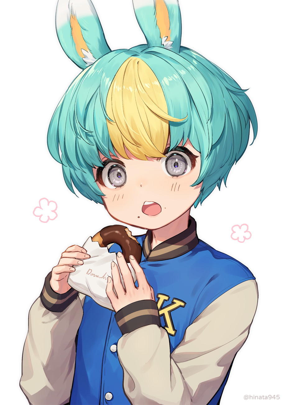 1boy, animal_crossing, animal_crossing:_new_horizons, animal_ears, bag, blonde_hair, blue_hair, blush, donut, floral_print, food, grey_eyes, highres, multicolored_hair, nintendo, open_mouth, paper_bag, personification, rabbit_ears, riyang, sasha_(animal_crossing), solo, teeth, trap, two-tone_hair