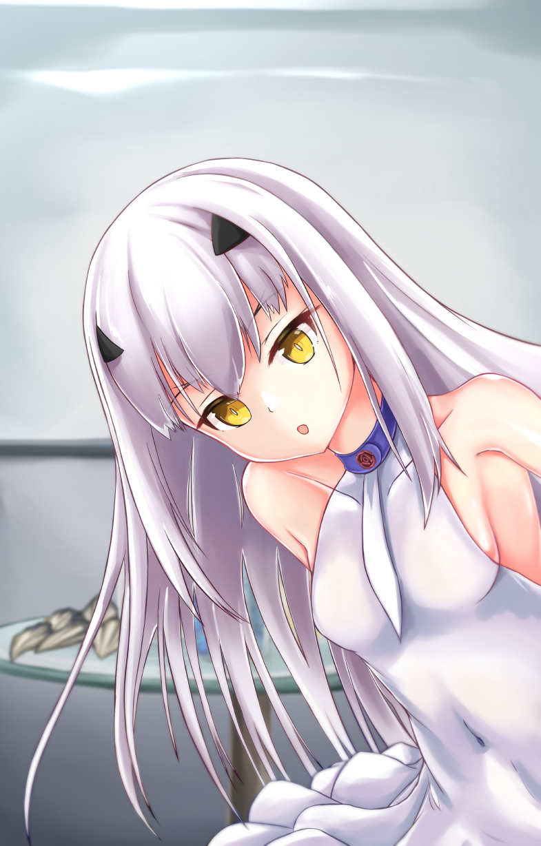 1girl, bare_shoulders, breasts, brown_eyes, collarbone, covered_navel, dress, melusine_(fate), melusine_(second_ascension)_(fate), fate/grand_order, fate_(series), forked_eyebrows, highres, ivanho62, long_hair, looking_at_viewer, open_mouth, sidelocks, small_breasts, solo, white_dress, white_hair