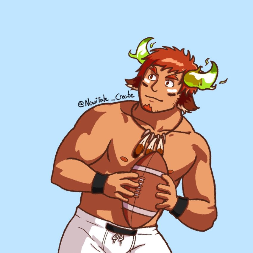 1boy, abs, alt_text, american_football, american_football_uniform, animal_ear_fluff, animal_ears, ball, bara, brown_eyes, brown_hair, bulge, carrying, closed_mouth, cow_ears, cow_horns, cowboy, cowboy_shot, cowboy_western, facial_hair, glowing_horns, goatee, highres, horns, large_pectorals, male_focus, mature_male, muscular, muscular_male, nipples, no_shirt, nowifate_create, pectorals, self-upload, short_hair, solo, sportswear, stubble, thick_eyebrows, thighs, tokyo_houkago_summoners, topless_male, upper_body, wakan_tanka, western