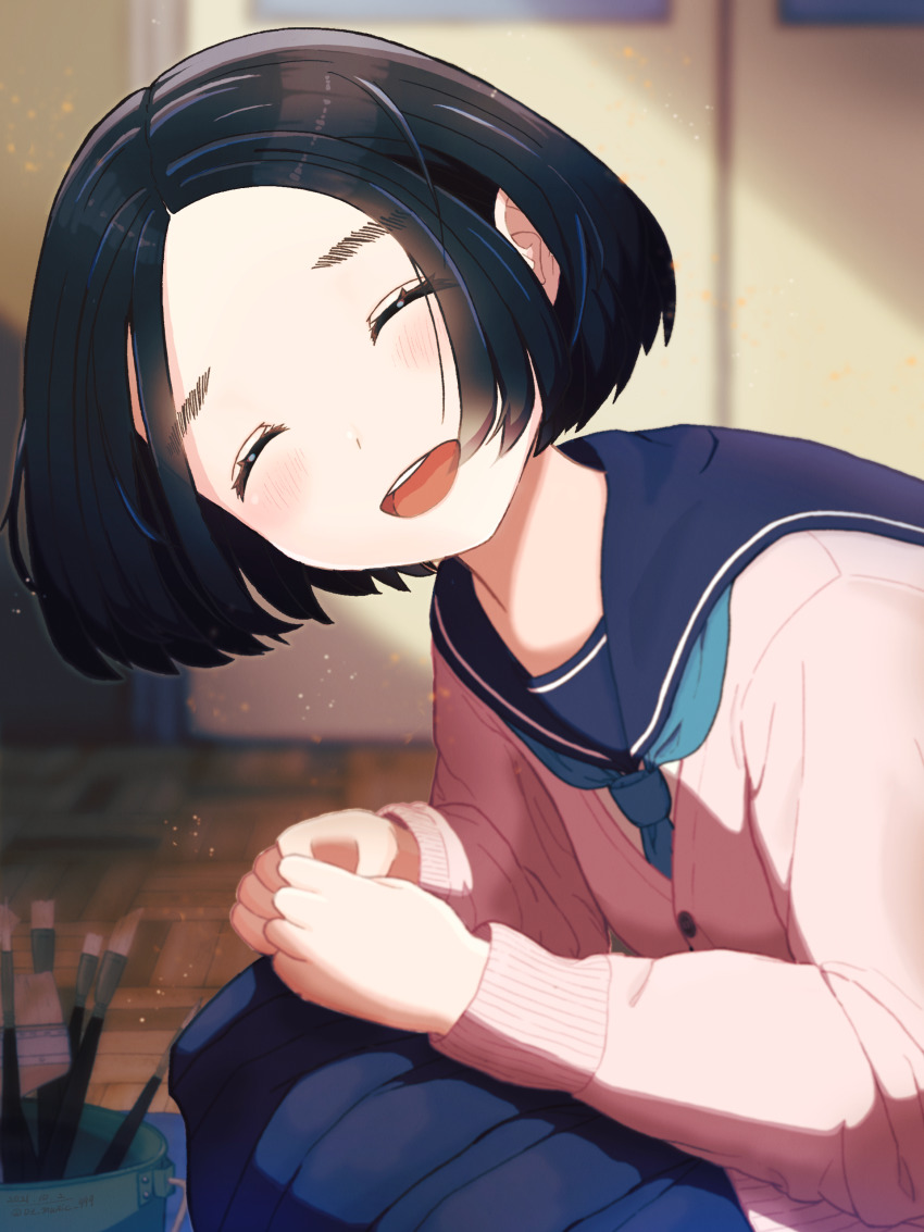 1girl, :d, absurdres, black_hair, blue_period, closed_eyes, facing_viewer, highres, indoors, long_sleeves, mori_maru, open_mouth, oz_music_999, paintbrush, school_uniform, short_hair, skirt, smile, solo