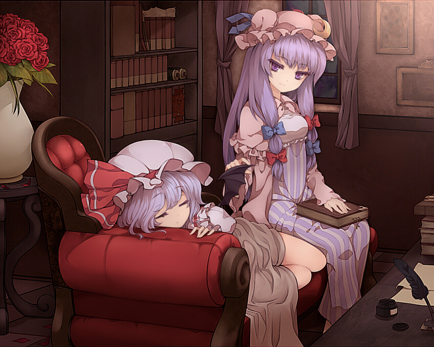 2girls, bat_wings, blanket, blue_hair, book, book_stack, bookshelf, bouquet