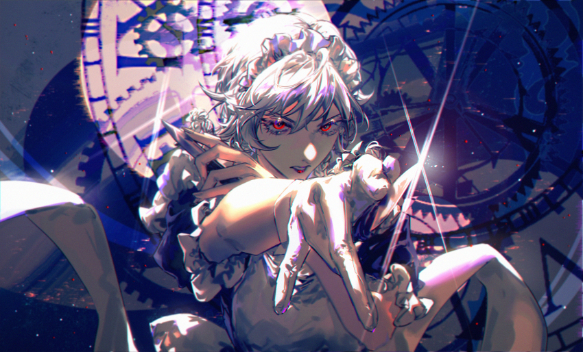 1girl, apron, canothy, clock, eyelashes, foreshortening, frills, gears