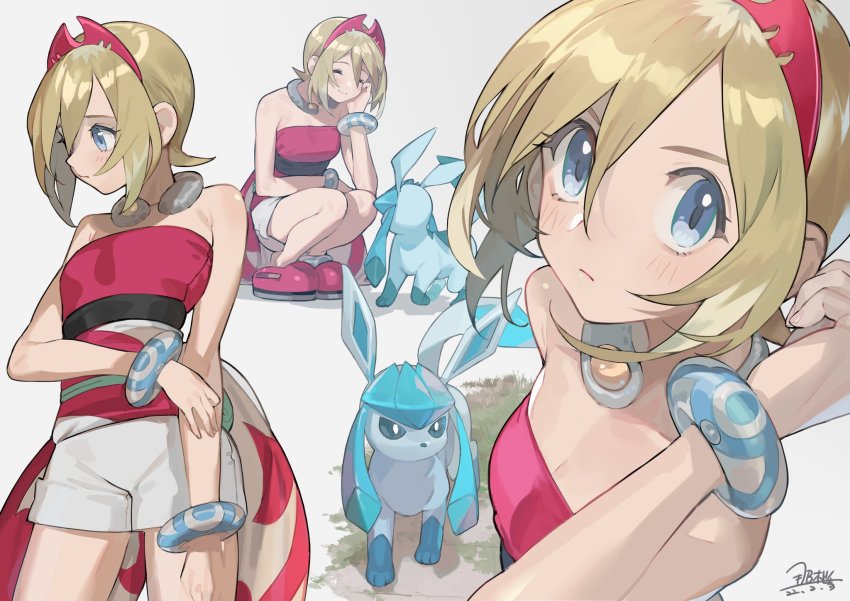1girl, arm_wrap, blonde_hair, blue_eyes, eyebrow_cut, gen_4_pokemon, glaceon, highres