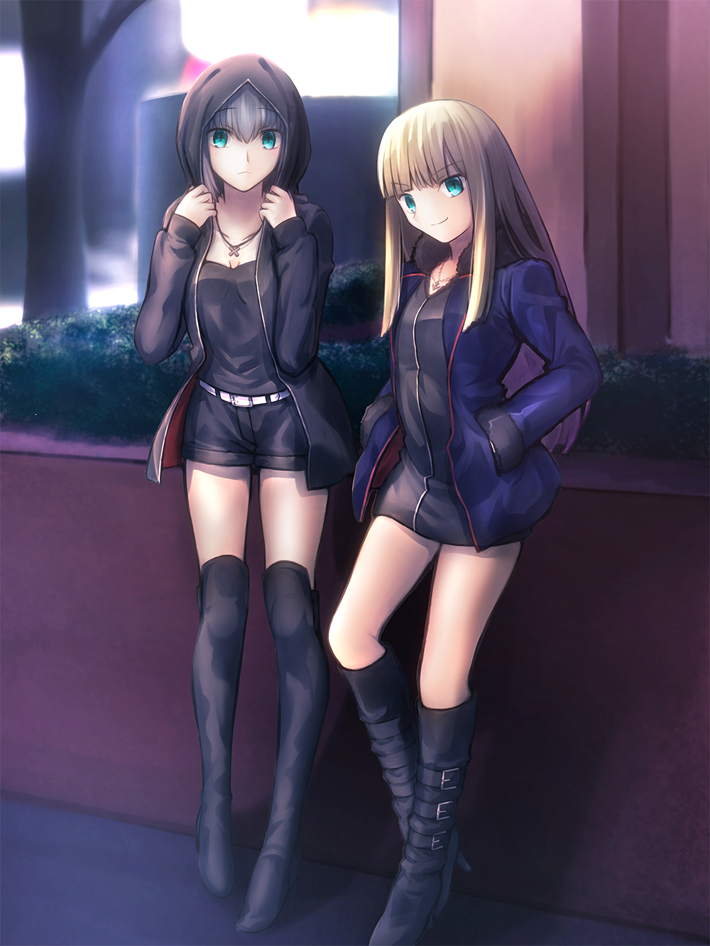 2girls, artoria_pendragon_(fate), belt, belt_boots, blonde_hair, blunt_bangs, boots, commentary_request