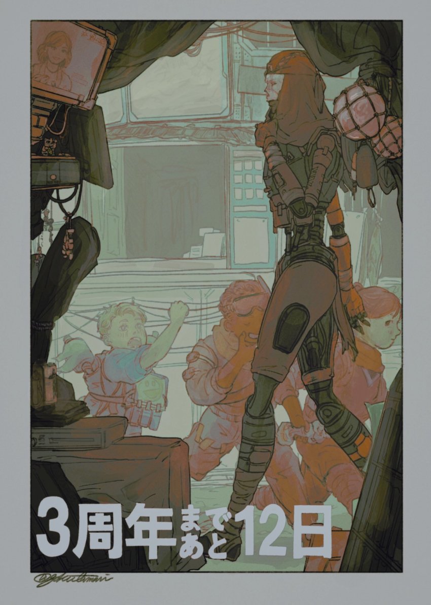 1girl, 3boys, anniversary, apex_legends, bandana, blonde_hair, blue_shirt, child, classic_revenant, clenched_hand, cosplay, goggles, goggles_on_head, hand_on_own_chest, highres, himagoya, holding, holding_trophy, humanoid_robot, lisa_stone, mirage_(apex_legends), mirage_(apex_legends)_(cosplay), multiple_boys, pathfinder_(apex_legends), pathfinder_(apex_legends)_(cosplay), red_bandana, red_scarf, revenant_(apex_legends), robot, scarf, science_fiction, screen, shirt, simulacrum_(titanfall), smile, trophy, walking, wraith_(apex_legends), wraith_(apex_legends)_(cosplay)