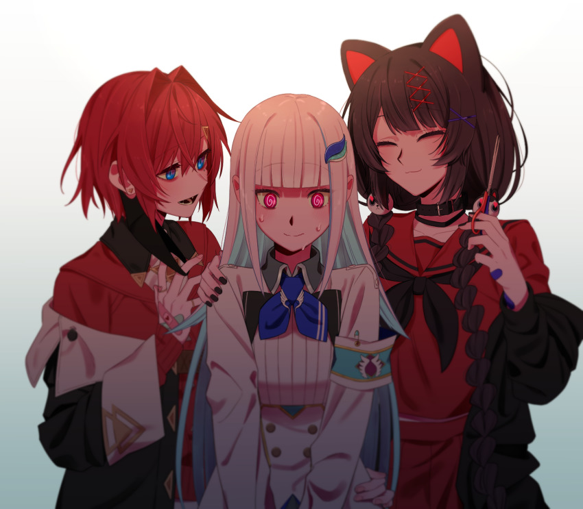 :3, @_@, ange_katrina, ange_katrina_(1st_costume), animal_ears, armband, bandaid, bandaid_on_hand, black_choker, black_jacket, black_nails, blouse, blue_bow, blue_eyes, blue_hair, blunt_bangs, bow, bowtie, braid, brown_hair, cardigan, choker, closed_eyes, collared_dress, cutting_another's_hair, cutting_hair, dog_ears, dog_girl, dog_hair_ornament, dress, earrings, glowing, glowing_eyes, gradient_background, hair_between_eyes, hair_intakes, hair_ornament, hairclip, hand_on_another's_hip, hand_on_another's_shoulder, highres, inui_toko, jacket, jewelry, kyuuto_na_kanojo_(cevio), lize_helesta, long_hair, long_sleeves, looking_at_another, miniskirt, multicolored_hair, nail_polish, necklace, nervous_smile, nijisanji, off_shoulder, open_mouth, pleated_skirt, purple_eyes, red_cardigan, red_hair, red_serafuku, red_shirt, red_skirt, ring, safety_pin, sakuraki_riichi, school_uniform, scissors, seductive_smile, serafuku, shirt, short_hair, skirt, smile, sweat, triforce, twin_braids, two-tone_hair, very_long_hair, virtual_youtuber, white_dress, white_hair, x_hair_ornament