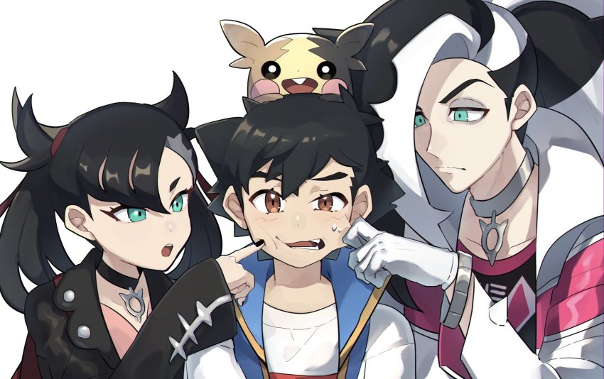 1girl, 2boys, ash_ketchum, asymmetrical_bangs, black_choker, black_hair, black_jacket, black_nails