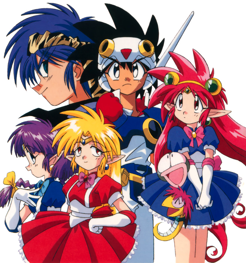 1990s_(style), 2boys, 3girls, aqua_eyes, arara_cocoa, arara_milk, armor, baba_lamune