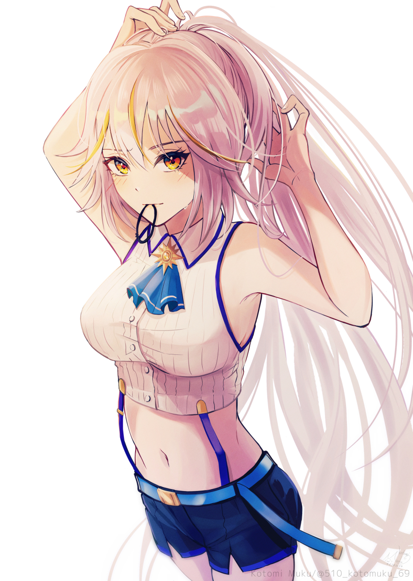 1girl, absurdres, alta_il, armpits, artist_name, ascot, bare_shoulders, belt, blonde_hair, blue_belt, collared_shirt, hair_tie_in_mouth, highres, kotomuku, long_hair, maha5, maha5japan, midriff, mouth_hold, multicolored_hair, navel, ponytail, purple_shorts, shirt, short_shorts, shorts, silver_hair, simple_background, sleeveless, sleeveless_shirt, smile, solo, streaked_hair, suspenders, twitter_username, two-tone_hair, tying_hair, very_long_hair, virtual_youtuber, watermark, white_background, white_shirt, yellow_eyes