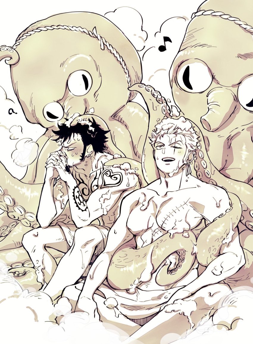 2boys, abs, bara, bath, beard, blush, chabo_(niwatori_bosori), facial_hair