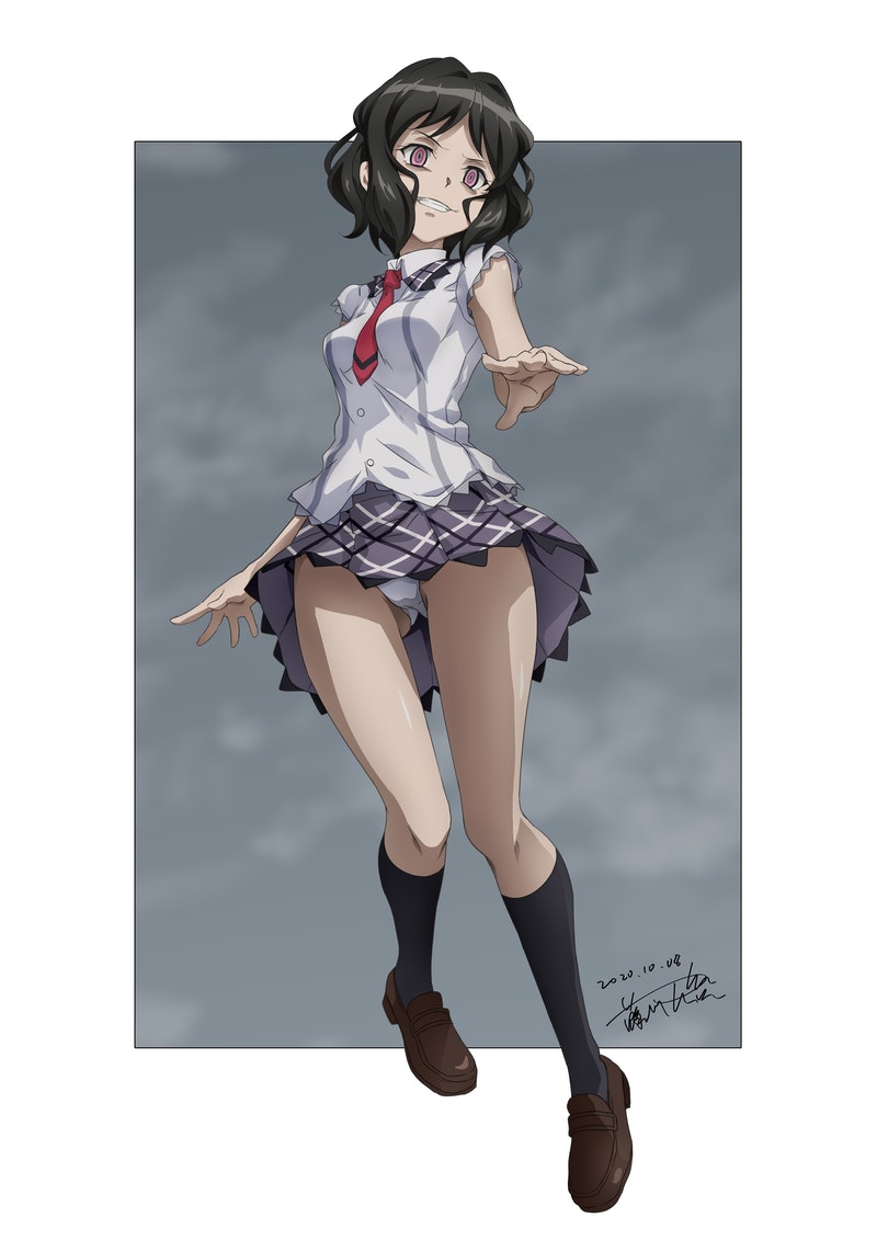 1girl, artist_name, barefoot, black_hair, blush, border, breasts, dated