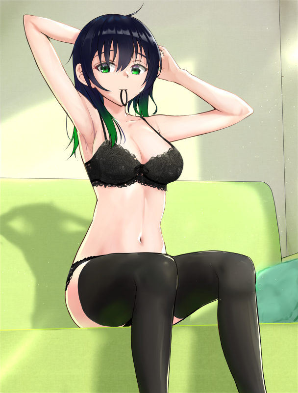 1girl, armpits, arms_up, asueli_ex, black_bra, black_hair, black_panties, black_thighhighs, bra, breasts, collarbone, green_eyes, green_hair, hair_between_eyes, hair_tie_in_mouth, indoors, looking_at_viewer, love_live!, love_live!_nijigasaki_high_school_idol_club, medium_breasts, mouth_hold, multicolored_hair, navel, panties, sitting, takasaki_yu, thighhighs, underwear