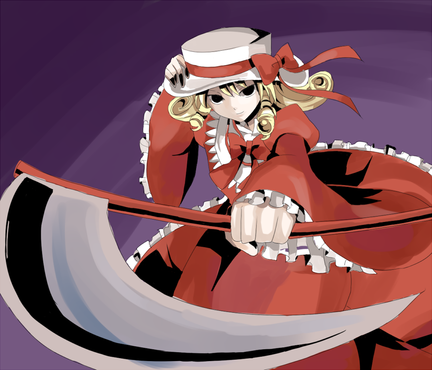 1girl, black_eyes, black_nails, blonde_hair, curly_hair, dise_(psychoro), dress, elly_(touhou), empty_eyes, female_focus, foreshortening, frills, hat, lotus_land_story, nail_polish, scythe, short_hair, smile, solo, touhou, touhou_(pc-98), uiru, weapon, wide_sleeves