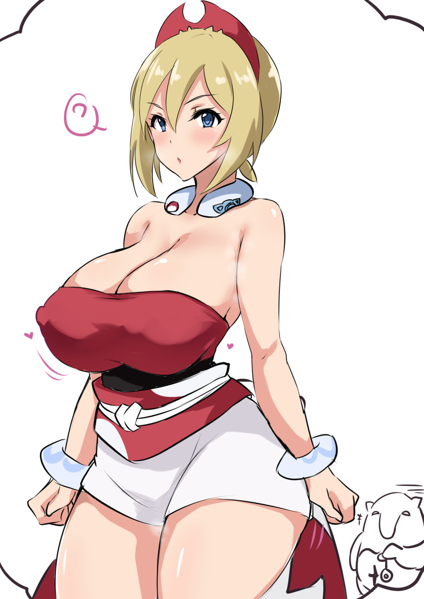 1girl, :o, ?, absurdres, arms_at_sides, bare_shoulders, blonde_hair, blue_eyes, blush, bolobolo, breasts, cleavage, clenched_hands, collar, covered_erect_nipples, cowboy_shot, curvy, gen_1_pokemon, hair_between_eyes, headband, heart, highres, huge_breasts, hypno, irida_(pokemon), jewelry, large_breasts, looking_at_viewer, mature_female, motion_lines, neck_ring, nintendo, open_mouth, pokemon, pokemon_(creature), pokemon_legends:_arceus, red_headwear, red_shirt, shirt, short_hair, short_shorts, shorts, simple_background, sketch, sleeveless, spoken_question_mark, standing, strapless, strapless_shirt, thick_thighs, thighs, tube_top, waist_cape, white_background, white_shorts, wide_hips