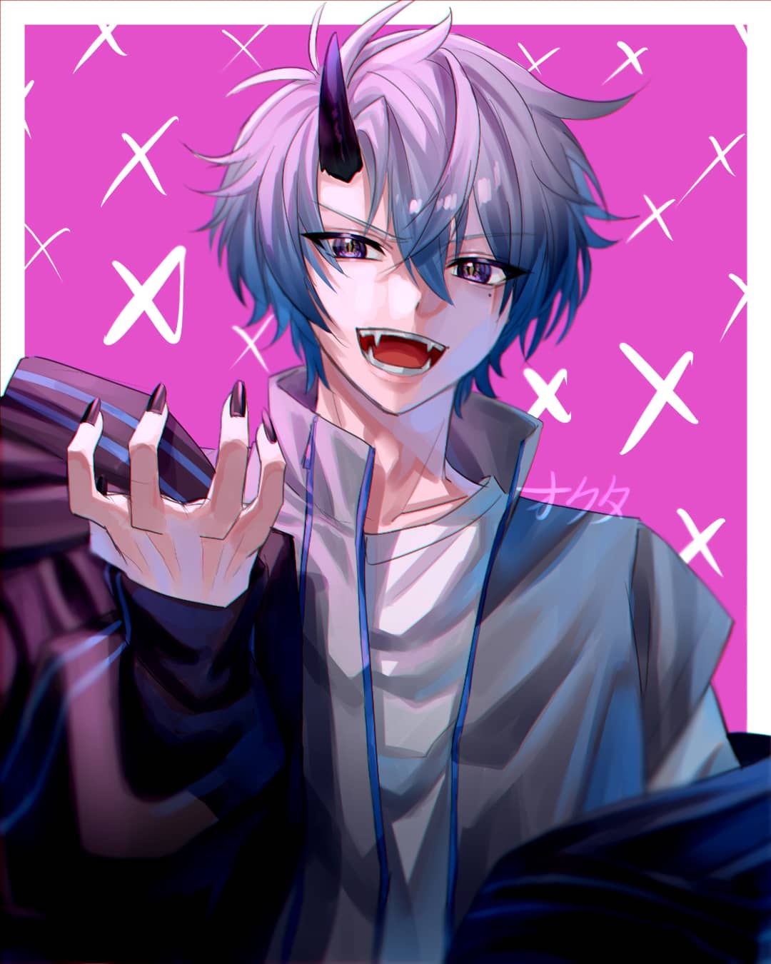 1boy, blue_eyes, colored_tips, highres, horns, maha5, maha5japan, male_focus