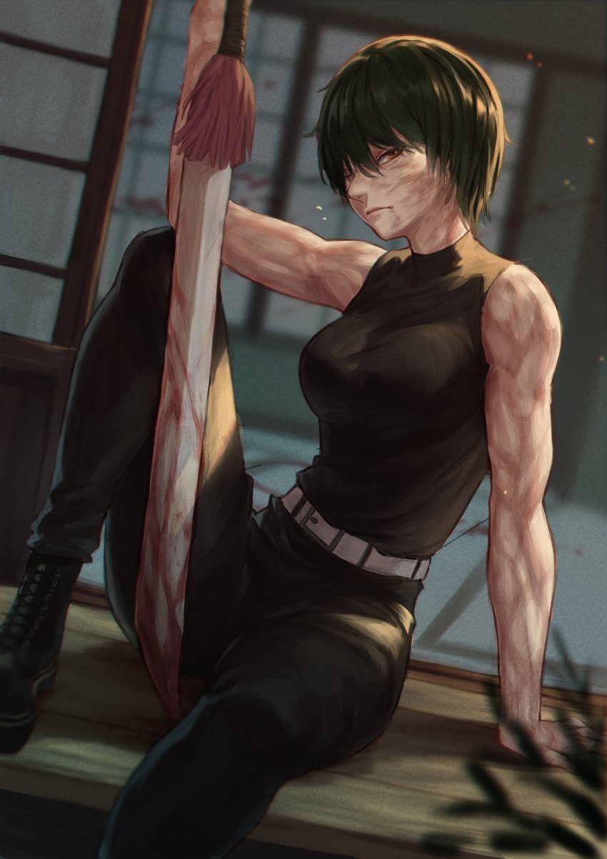 1girl, absurdres, angusbeef30, bare_arms, bare_shoulders, belt, black_pants, blood, bloody_weapon, boots, brown_eyes, closed_mouth, combat_boots, commentary, dark_green_hair, english_commentary, highres, holding, holding_weapon, jujutsu_kaisen, one_eye_closed, pants, scar, scar_across_eye, scar_on_arm, scar_on_face, short_hair, sitting, sleeveless, solo, spoilers, sword, toned, weapon, zen'in_maki, zen'in_maki_(post_shibuya)